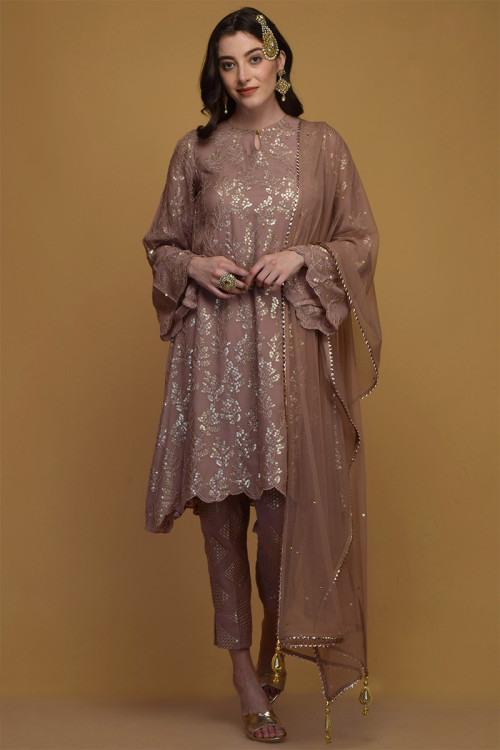 Thread And Sequins Embroidered Georgette Mauve Trouser Suit for Eid