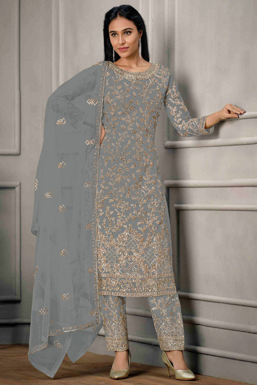 Resham Thread And Sequins Embroidered Net Grey Trouser Suit