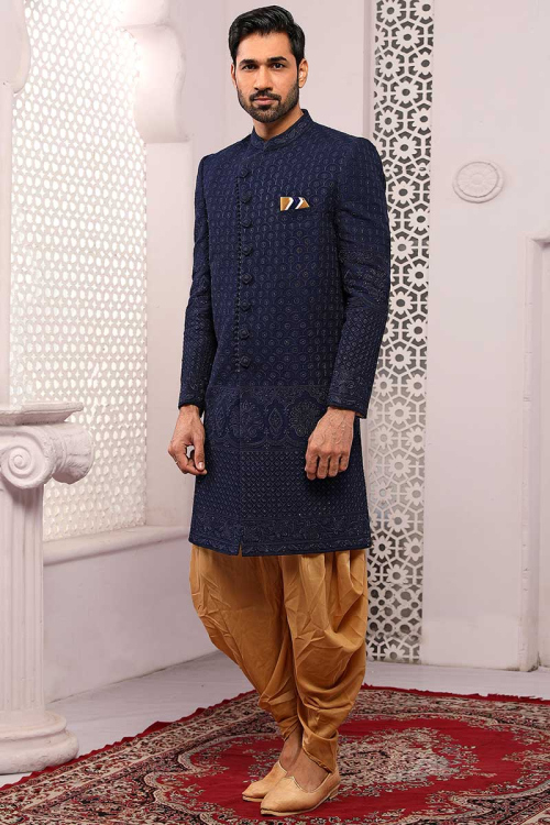 Thread And Stone Work Embroidered Georgette Navy Blue Men Sherwani With Dhoti