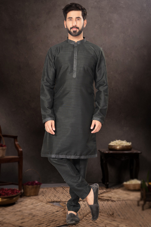 Thread Embroidered Charcoal Grey Dupion Silk Men's Kurta Pajama 