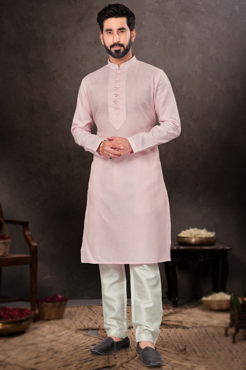 Thread Embroidered Cotton Light Pink Men's Kurta Pajama