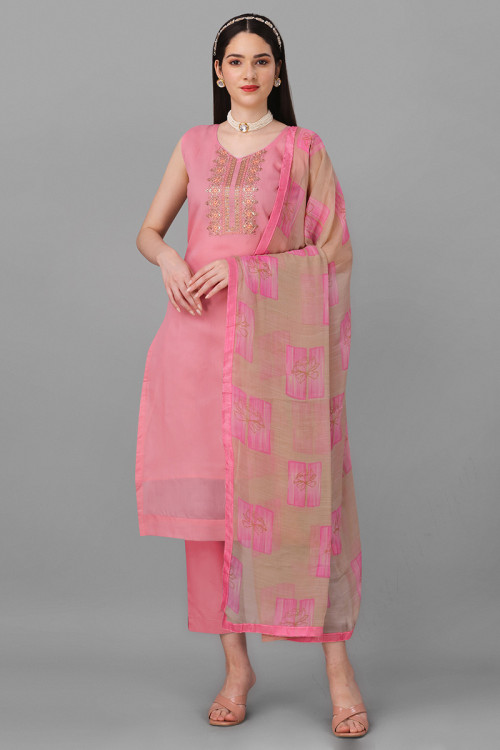 Thread Embroidered Cotton Light Pink Trouser Suit