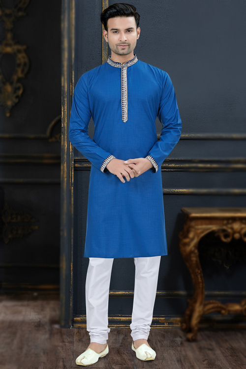 Thread Embroidered Cotton Royal Blue Men Kurta With Churidar