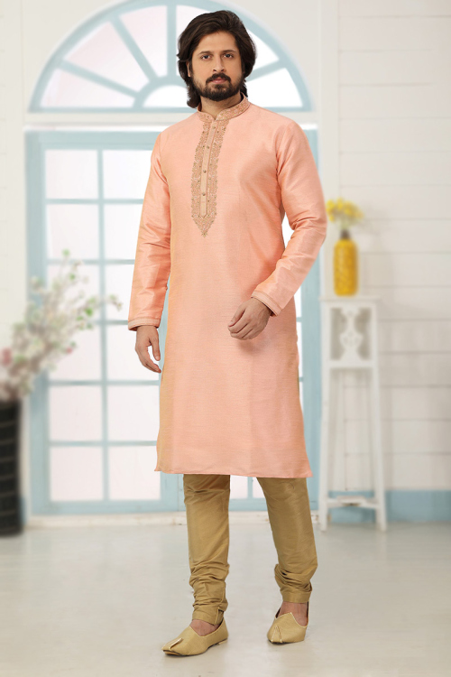 Thread Embroidered Dupion Silk Salmon Peach Men's Kurta Churidar