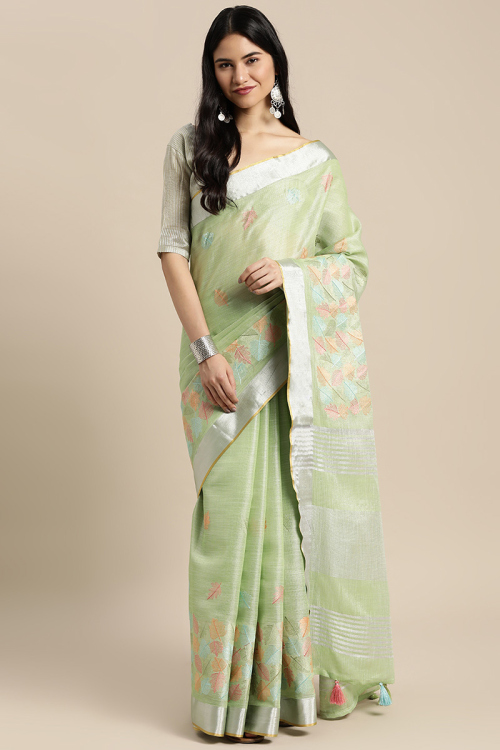 Resham Embroidered Linen Pistachio Green Saree