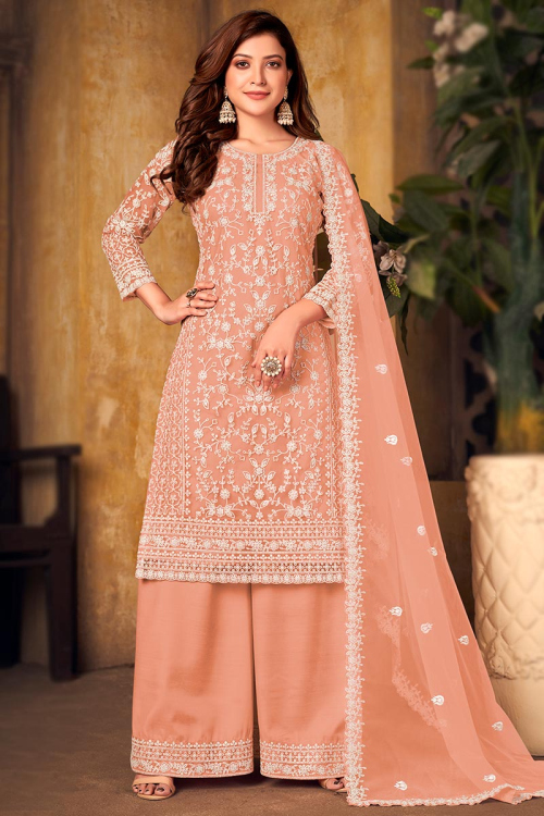 Coral Peach Net Thread Embroidery Palazzo Salwar Suit for Party Wear