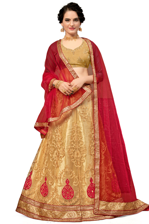 Thread Embroidered Net Dark Beige Lehenga