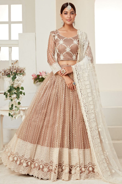 Thread Embroidered Net Light Peach Bridesmaid Wear Lehenga