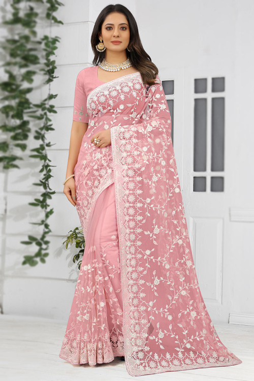 Thread Embroidered Net Pink Saree