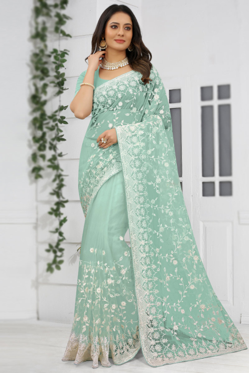 Thread Embroidered Net Seafoam Green Saree