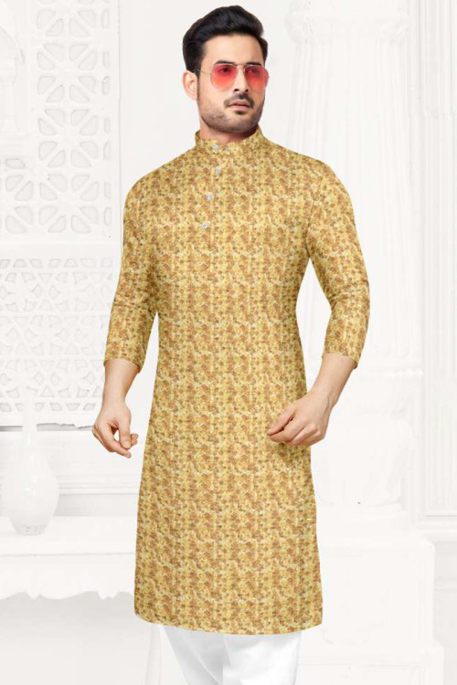 Thread Embroidered Rayon Mustard Yellow Men's Kurta Pajama