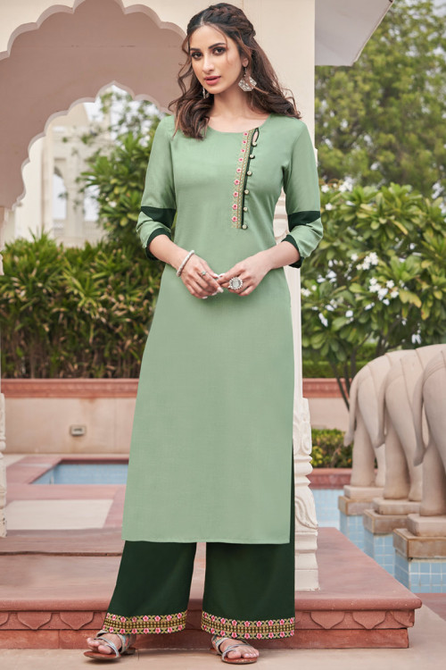 Thread Embroidered Rayon Pistachio Green Palazzo Suit