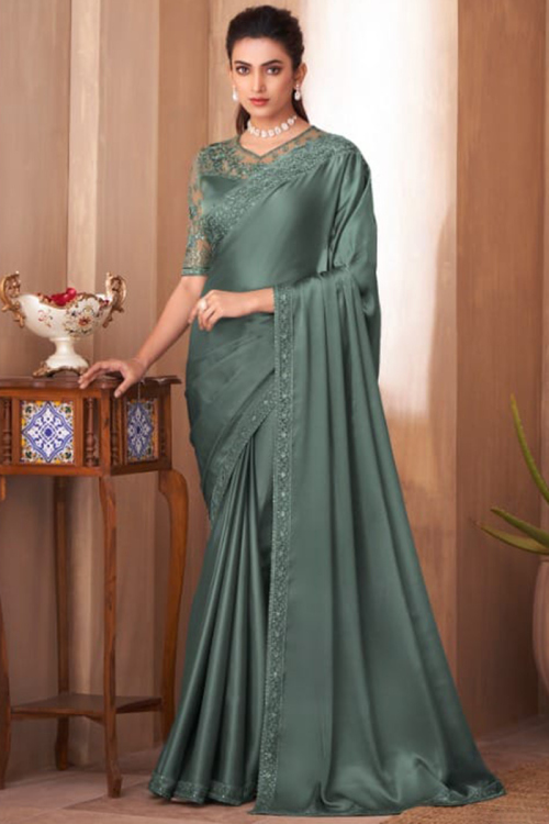 Thread Embroidered Satin Silk Dusty Green Saree