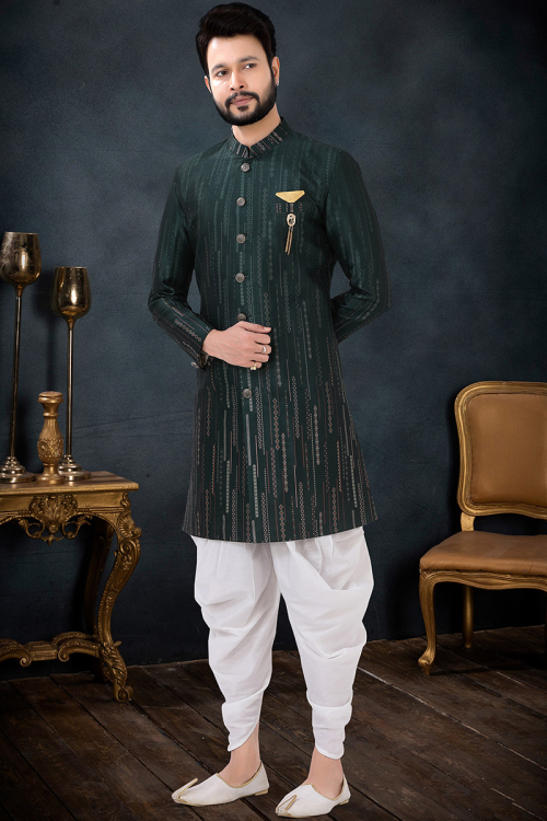 Thread Embroidered Silk Bottle Green Men Sherwani
