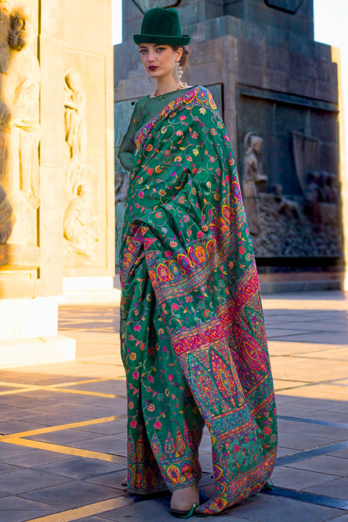 Thread Weaved Bottle Green Chanderi Silk Broad Border Saree 