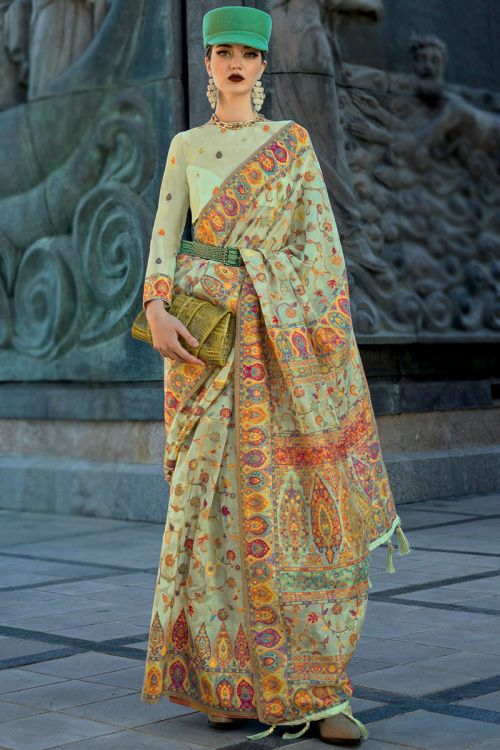 Thread Weaved Chanderi Silk Pistachio Green Broad Border Saree 