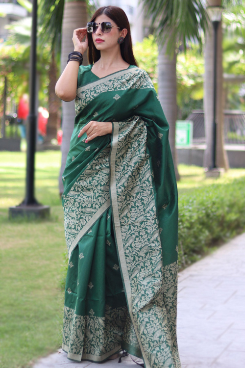 Thread Weaved Raw Silk Bottle Green Light Weight saree