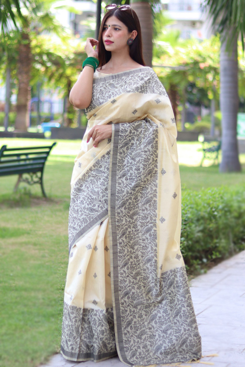 Thread Weaved Raw Silk Light Beige Light Weight saree