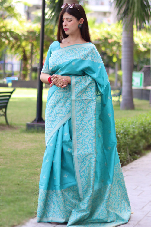 Thread Weaved Raw Silk Sky Blue Light Weight saree