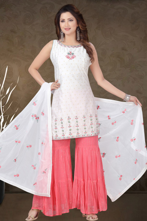 Buy Ivory Chanderi Embellished Gota Jacket Open And Sharara Set For Women  by Archana Kochhar Online at Aza Fashions.