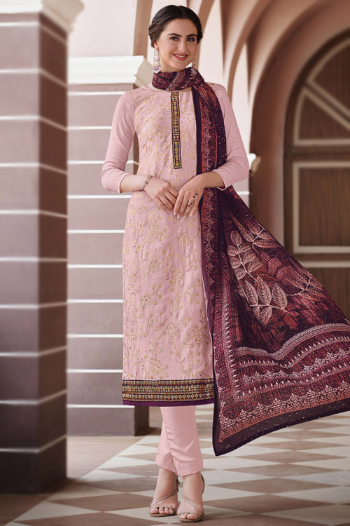 Thread Work Embroidered Chiffon Lavender Pink Trouser Suit