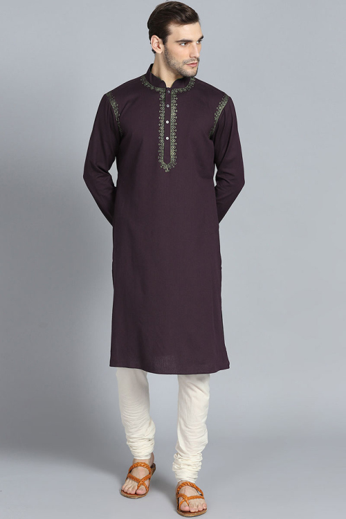 Thread Work Embroidered Cotton Dark Purple Men Kurta Pajama