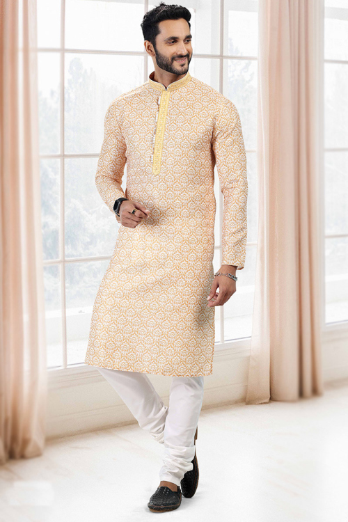 Thread Work Embroidered Cotton Mustard Yellow Men Kurta churidar
