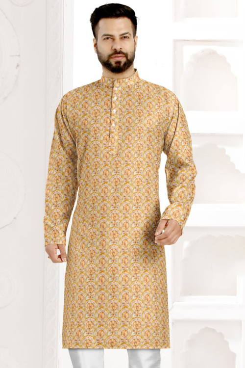Thread Work Embroidered Cotton Mustard Yellow Men Kurta Pajama