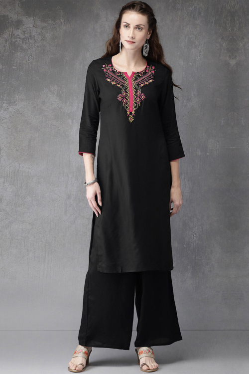 Thread Work Embroidered Cotton Rayon Black Trouser Suit