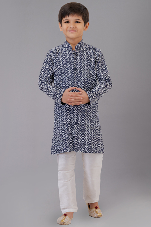 Thread Work Embroidered Cotton Silk Navy Blue Kurta Churidar