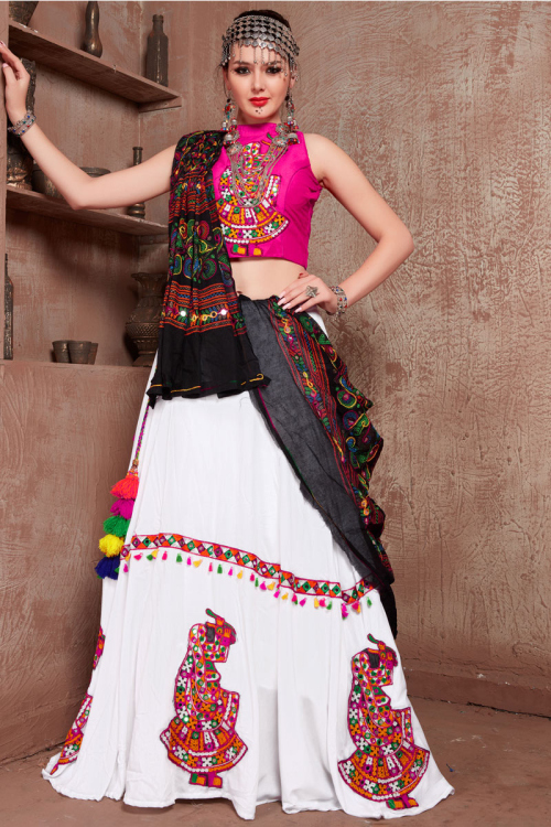 Thread Work Embroidered Cotton White Indian Lehenga