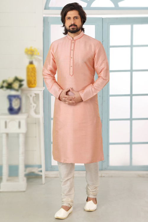 Thread Work Embroidered Dupion Silk Salmon Peach Men Kurta