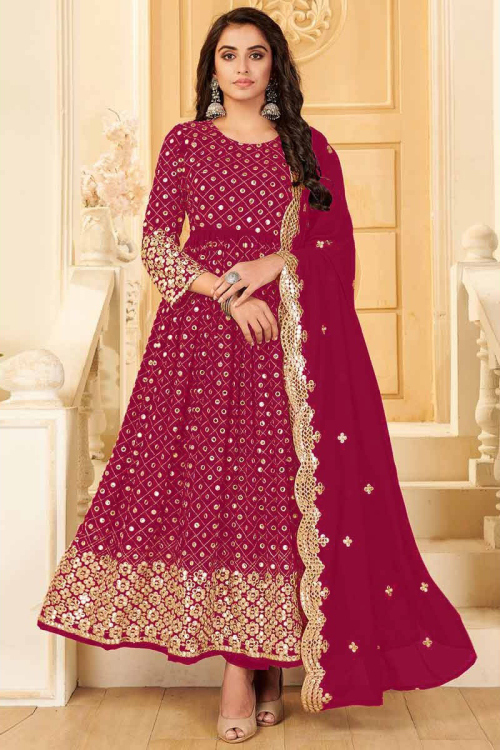 Thread Work Embroidered Georgette Dark Pink Party Wear Anarkali Suit