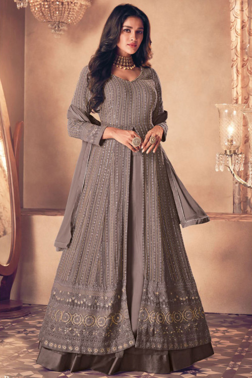 Thread Embroidered Georgette Grey Party Anarkali Suit