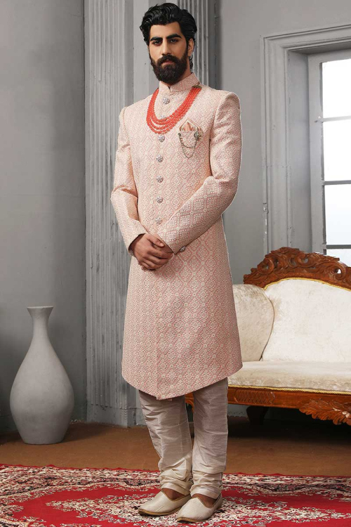 Thread Work Embroidered Georgette Light Pink Men Sherwani