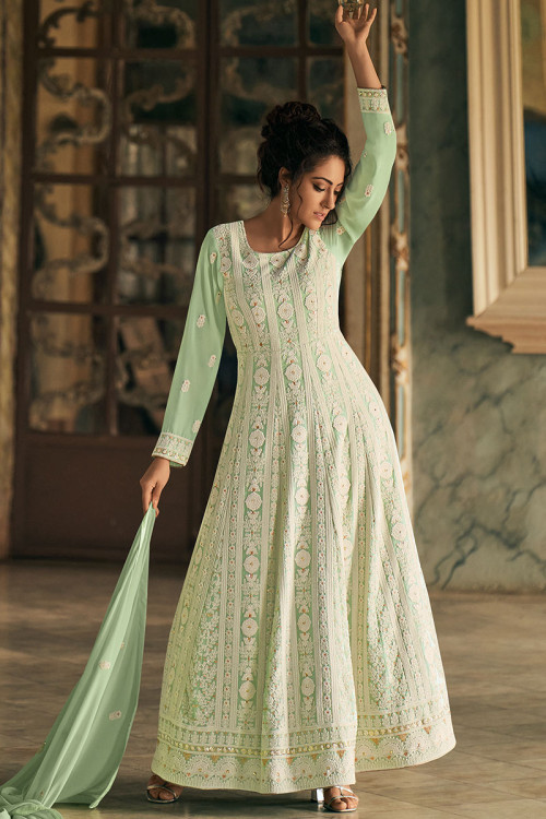 Buy Anarkali with Churidar Green Casual Wear Indian Plus Size Dresses Online for Women in UK