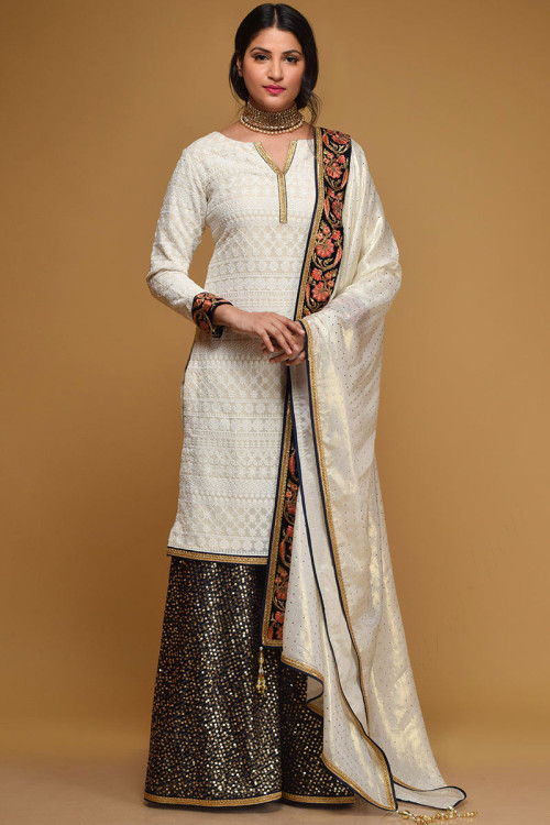 Thread Work Embroidered Georgette Off White Sharara Suit for Eid