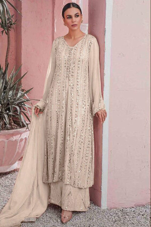 Thread Embroidered Georgette Off White Trouser Suit