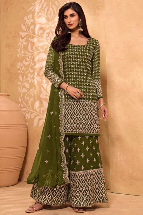 Thread Work Embroidered Georgette Olive Green Eid Sharara Suit