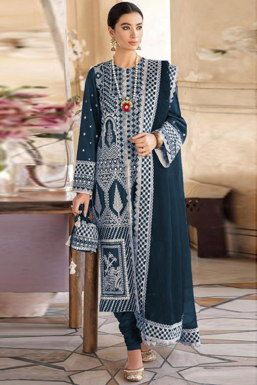 Resham Embroidered Georgette Teal Blue Eid Churidar Suit