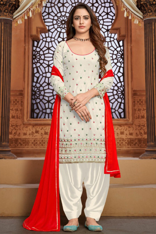 Thread Work Embroidered Georgette White Patiala Suit