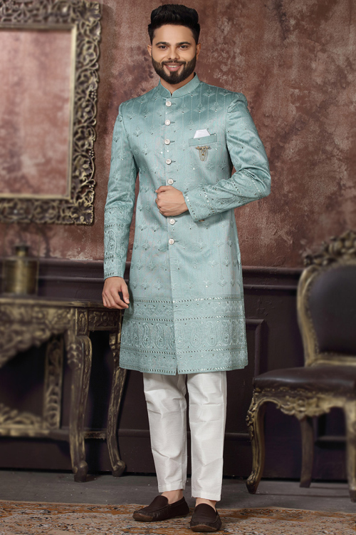 Thread Work Embroidered Jacquard Mint Blue Men's Sherwani