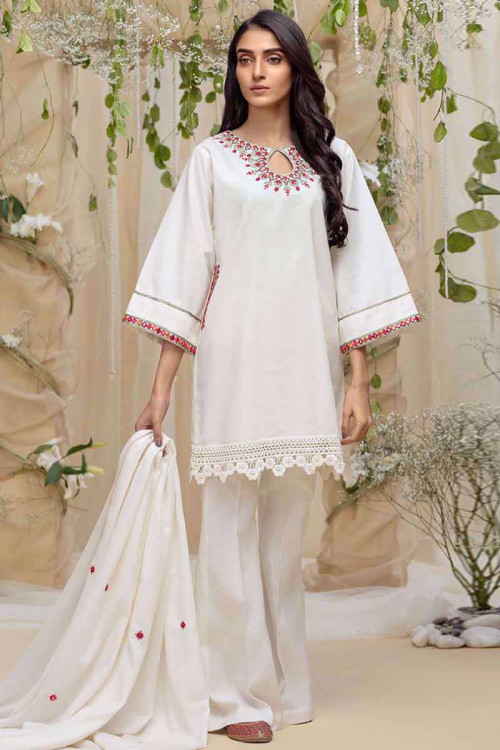Thread Work Embroidered Linen White Trouser Suit