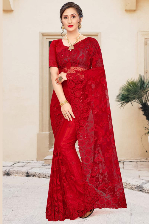 Net Dark Maroon Party Wear Saree with Thread embroidery