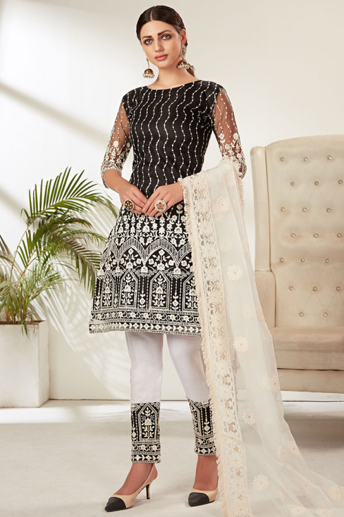Thread Work Embroidered Net Dusty Black Trouser Suit