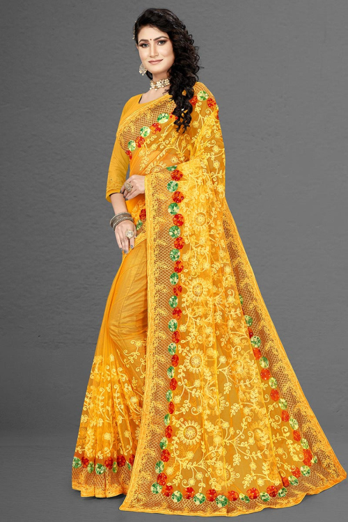 Thread Embroidered Net Mustard Yellow Saree