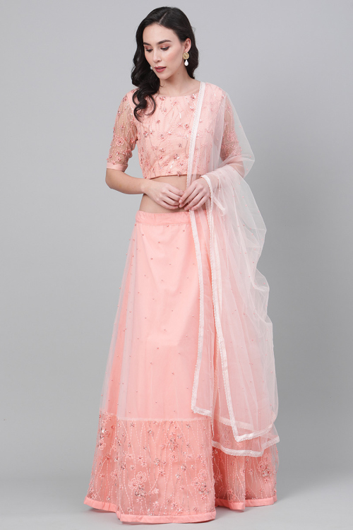 Net Lehenga in Peach colour with Beads Embroidery for Party 