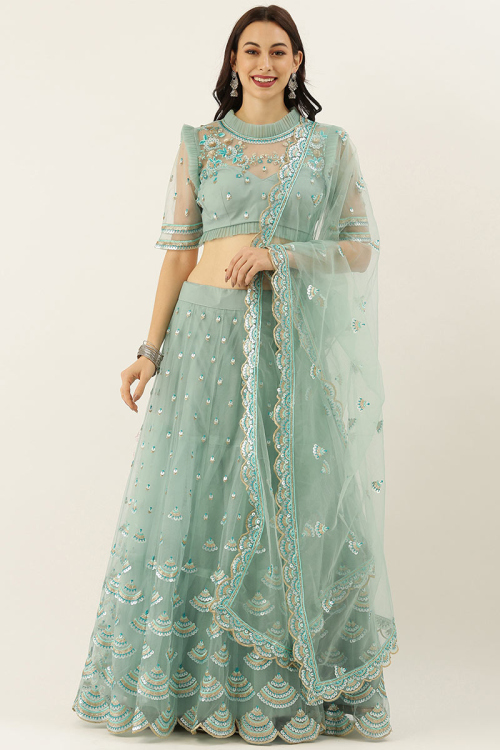 Net Powder Blue Lehenga With Sequins