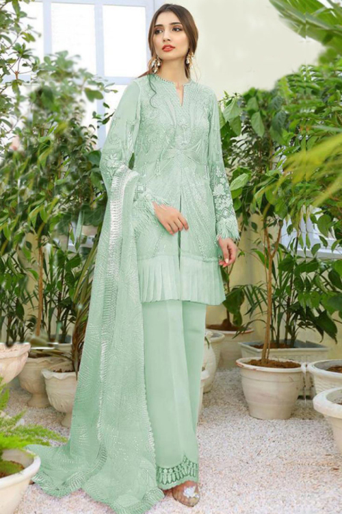 Trouser Suit In Mint Green Embroidered Fabric LSTV110142