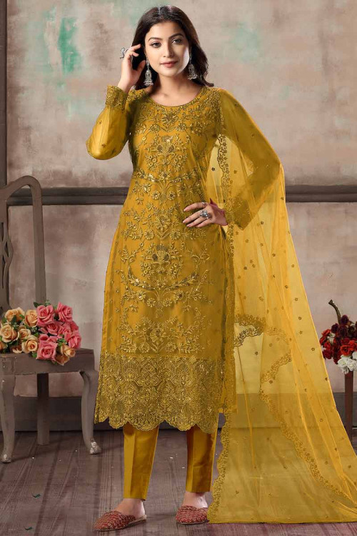 Thread Work Embroidered Net Trombone Yellow Trouser Suit